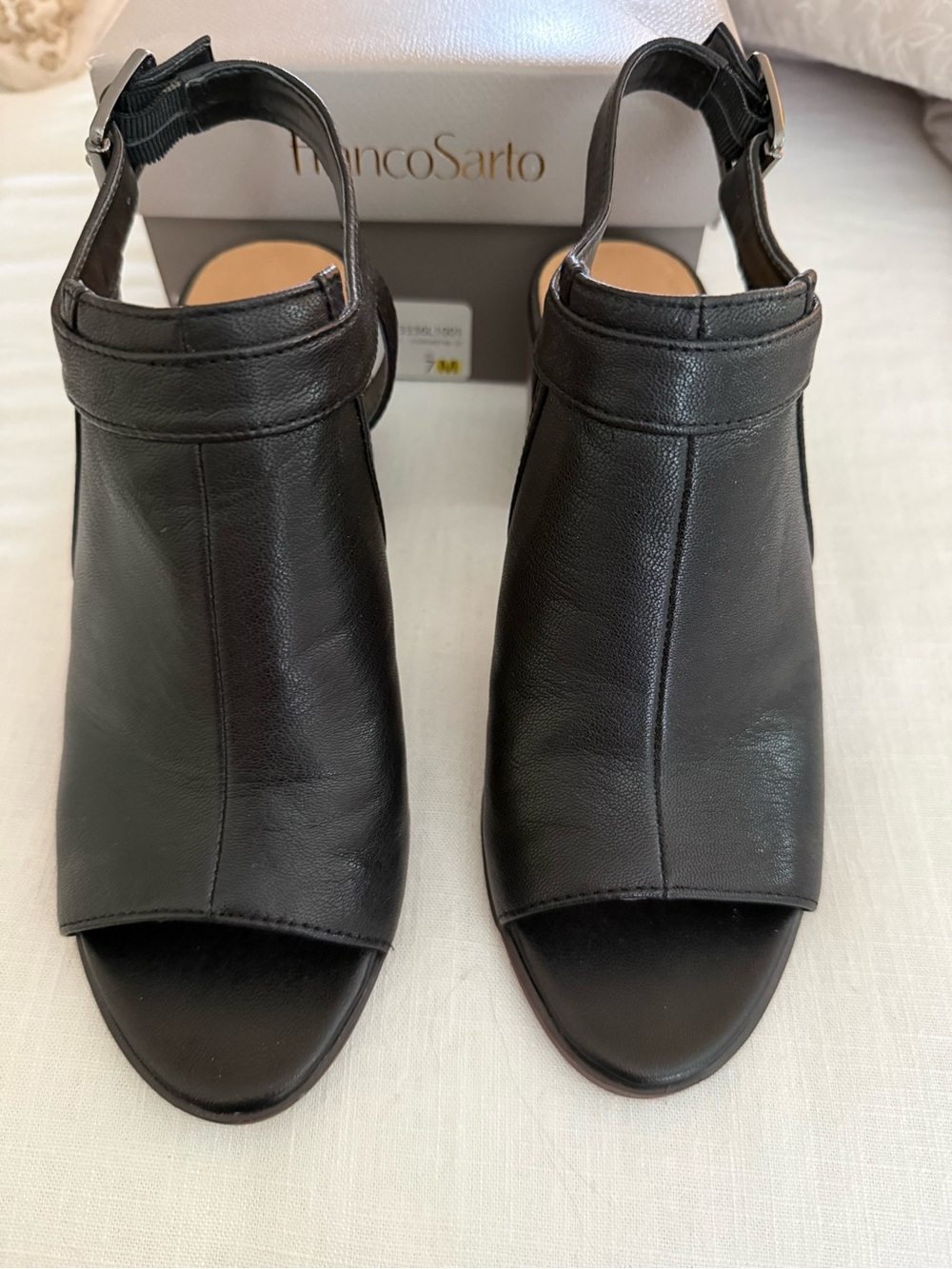 Franco Sarto Black Leather Open-Peep Slingback Mules